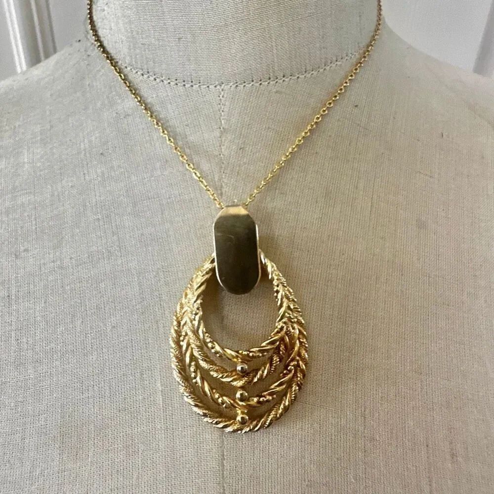 Vintage Sarah Coventry Layered Rope Teardrop Gold-Tone Pendant Necklace